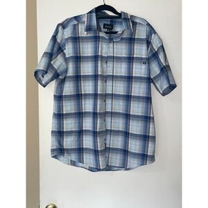 Marmot Mens Blue Plaid Short Sleeve Button Down Hiking Shirt Large RN 79448